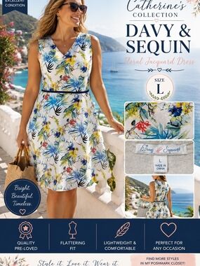 Davy & Sequins Floral Jacquard Dress Size L Tropical Vacation Cruise Dress